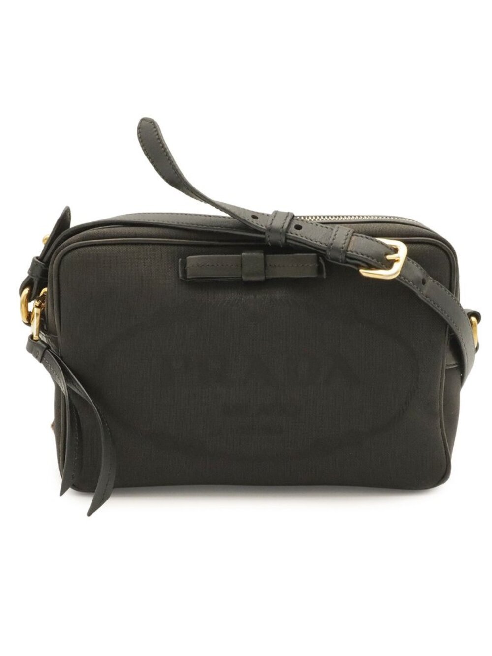 Prada Logo Jacquard Ribbon Shoulder Bag Pochette Crossbody Canvas Nero Black